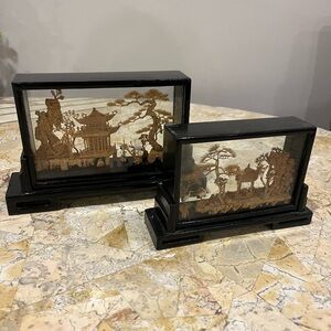 Set of 2 Asian Cork Sculpture Shadow Boxes